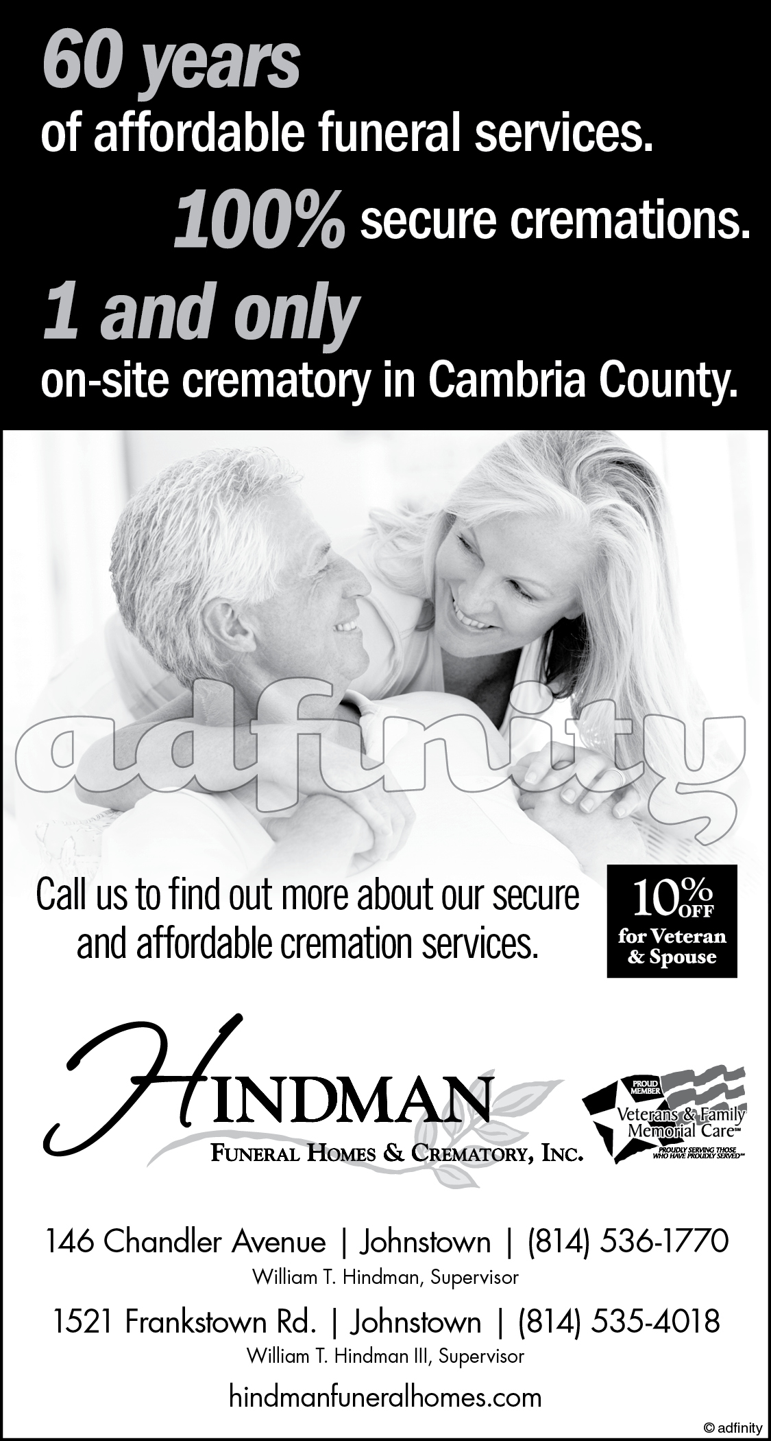 [X] years of affordable funeral services. 100 secure cremations. adfinity